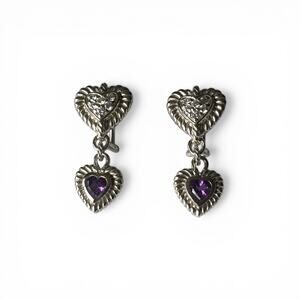 Judith Ripka 925 Amethyst & CZ Heart Drop Clip On Earrings - Thailand